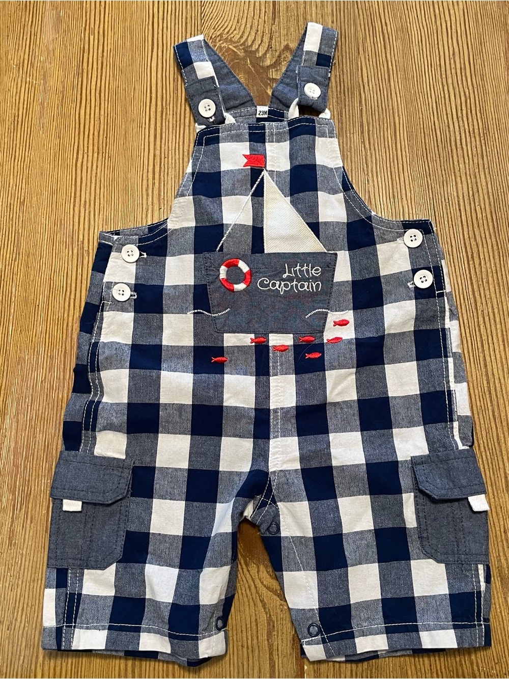 Little Captain Navy & White Gingham Kids Overalls 100% Cotton